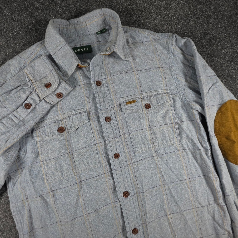 Orvis Fairbanks Flannel Shirt Mens Medium Blue Plaid Elbow Patches 11GB